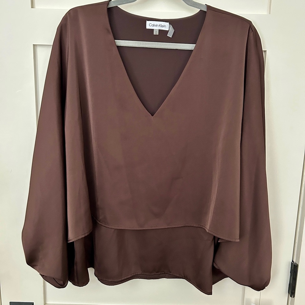 Calvin Klein Chocolate Brown V-Neck Top with wide sleeves NWT